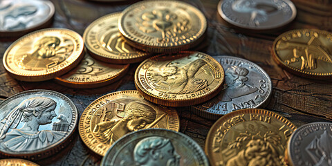 A display of antique gold and silver coins, scattered across a wooden surface, showcasing their historic value.