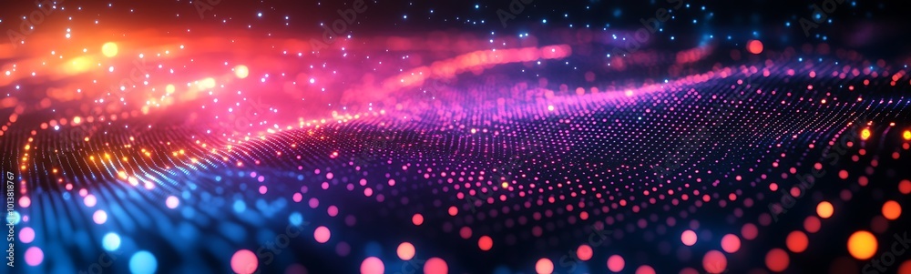 Aufkleber A vibrant, abstract representation of colorful lights and particles, creating a dynamic, wave-like pattern against a dark background.