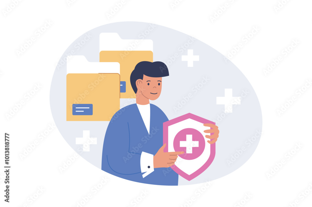 Poster insurance concept in modern flat design for web. man concludes agreement of healthcare policy and me
