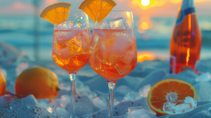 Two glasses of aperol, prosecco and orange juice with ice cubes and a slice of orange on the side