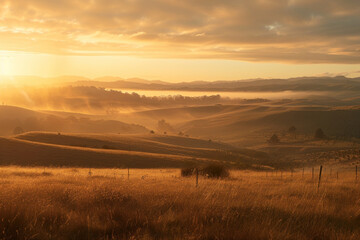 Obraz premium A panoramic view of rolling hills under a golden sunset, perfectly capturing the harmony between land and sky