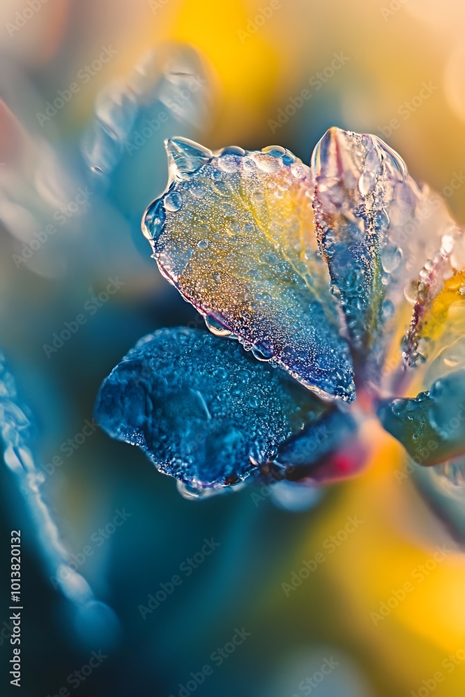 Sticker Macro Photo of Water Drops on Colorful Leaves