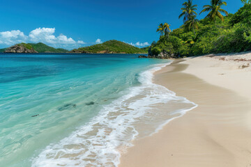 A peaceful beach scene with soft white sand, gentle waves lapping the shore, and a clear blue sky