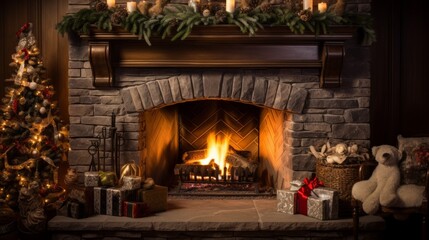 Beautiful christmas decorated fireplace in dark interior. Neural network ai generated art