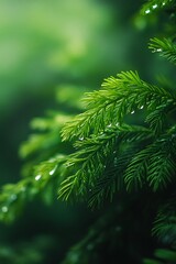 Fototapeta premium Close up of Green Pine Branch with Water Droplets After Rain