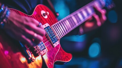 Obraz premium Close-up of an electric guitar being played under neon lights. Music, artistry, and performance concept.