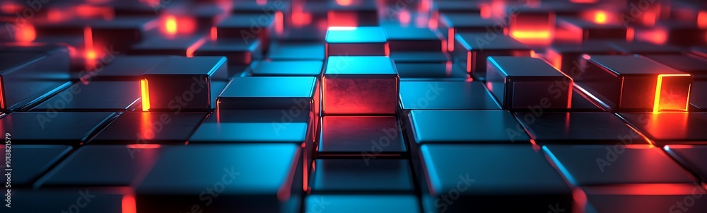 Leinwandbilder a vibrant display of illuminated cubes in blue and red, creating a dynamic 3d pattern, suggesting a 