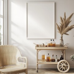 A sunny corner with a chic bar cart, wicker chair, and minimalist wall art, beautifully combining functionality and style.