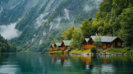 Obraz premium A peaceful wellness retreat with cabins overlooking a serene mountain lake, ideal for meditation