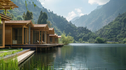 Naklejka premium A peaceful wellness retreat with cabins overlooking a serene mountain lake, ideal for meditation