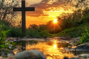 Cross at Sunset with Silhouette Against Dramatic Sky, Christian Faith Symbol in Peaceful Evening Scene, Glowing Horizon