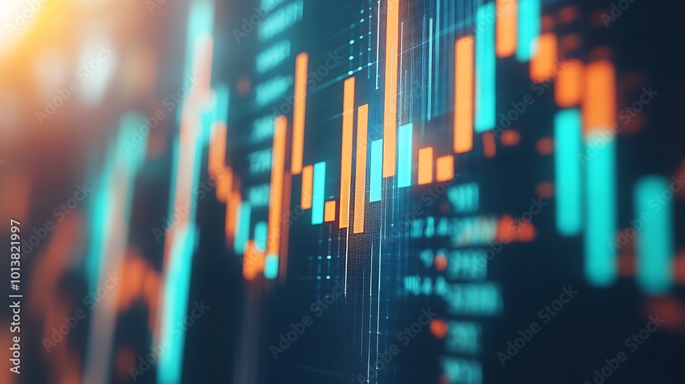 Fototapete a colorful digital representation of financial data, showcasing fluctuating bar graphs and lines, in