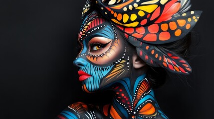 Colorful Woman's Face Painted with Butterfly-Inspired Design