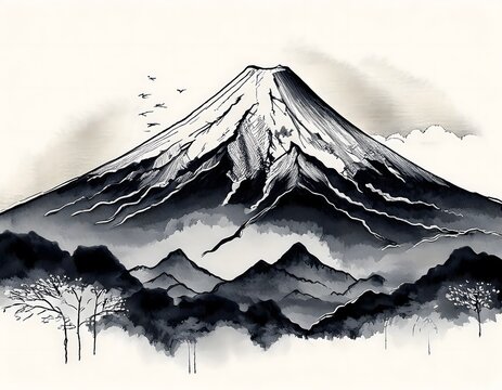 traditional Ink painting of mount fuji