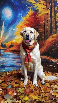 Chien Labrador avec &eacute;charpe assis sur des feuilles d&rsquo;automne devant une peinture color&eacute;e