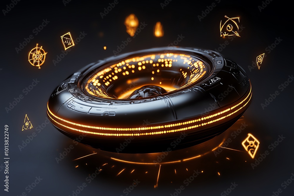 Poster fantasy spaceship warp drive glowing with enchanted light, surrounded by floating runes and magical 