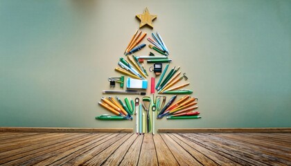 A Christmas tree made of office supplies including pens and pencils.