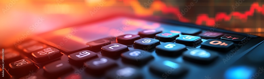 Poster A close-up of a calculator in vibrant colors, set against a blurred background with graph lines, symbolizing finance and data analysis.