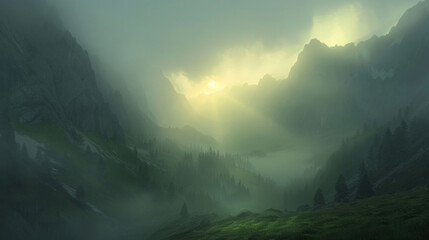 A quiet mountain valley at dawn, with the first rays of sunlight breaking through the mist