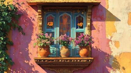 A vibrant Indian balcony window adorned with flower vases, bathed in soft sunlight, highlighting its cultural and artistic beauty.