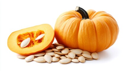 A whole pumpkin, a pumpkin half, and pumpkin seeds on a white background.