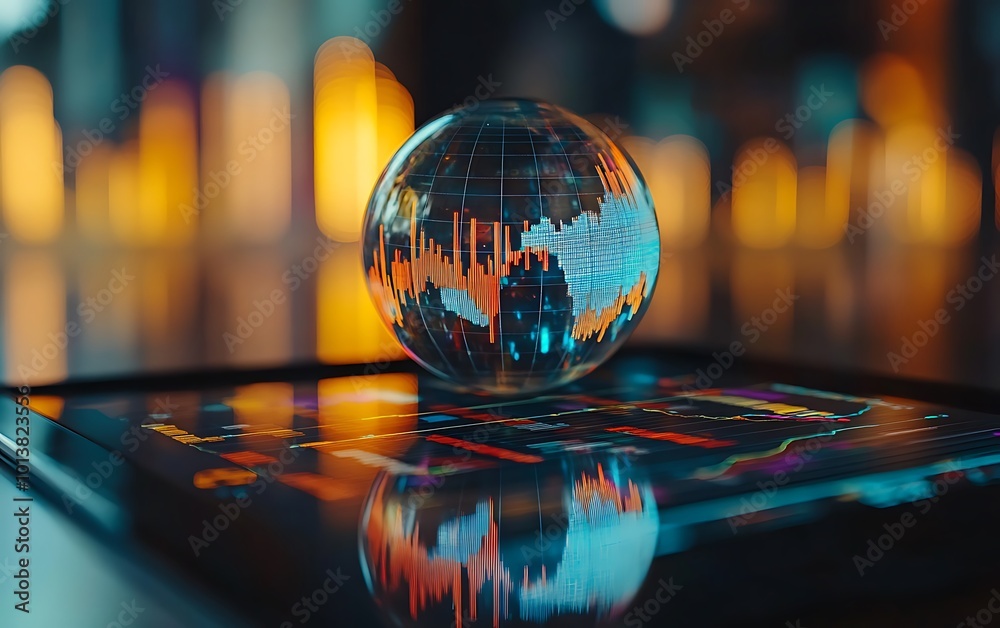Poster a reflective crystal globe showcases colorful data charts, symbolizing finance or analytics in a vib