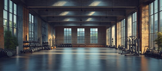 Industrial Loft Gym Interior with Sunlight and Equipment