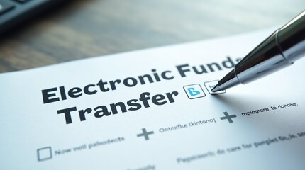 Electronic funds transfer document with pen on table