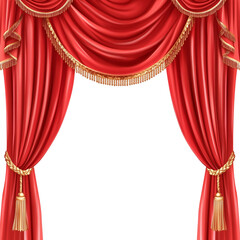 Red stage curtain with tassels illustration on a white background. The red velvet curtain is on the left and right sides of the picture with gold tassels.