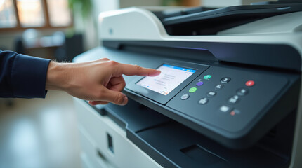 Close-up of hand pressing button on office copier panel