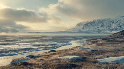 A remote tundra landscape with vast expanses of ice and snow, capturing the isolation and beauty of the Arctic