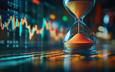 A modern hourglass sits in front of fluctuating financial charts, symbolizing the passage of time and its significance in trading and investment decisions.