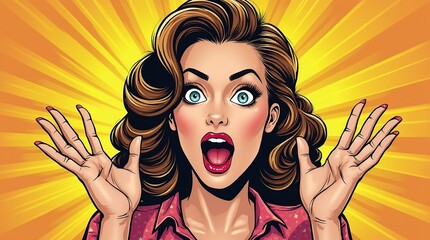 Retro pop art woman expressing excitement with surprised face