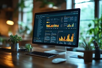 Modern Desktop with Financial Charts and Data on a Computer Screen