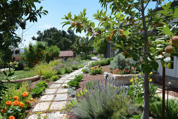 Naklejka premium A residential garden designed with edible plants, fruit trees, and herbs, blending aesthetics with functionality