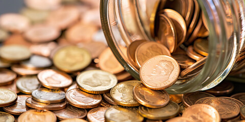 Piles of shiny, new pennies, spilling out of a clear jar, representing the simple yet powerful concept of saving and accumulating wealth. 