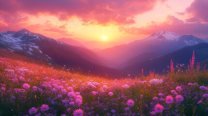 Naklejka premium A vibrant sunset paints the sky above a field of wildflowers nestled in the mountain valley.