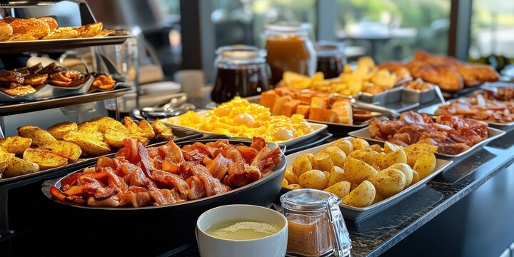A breakfast buffet table with scrambled eggs, bacon, potatoes, pastries, and more.