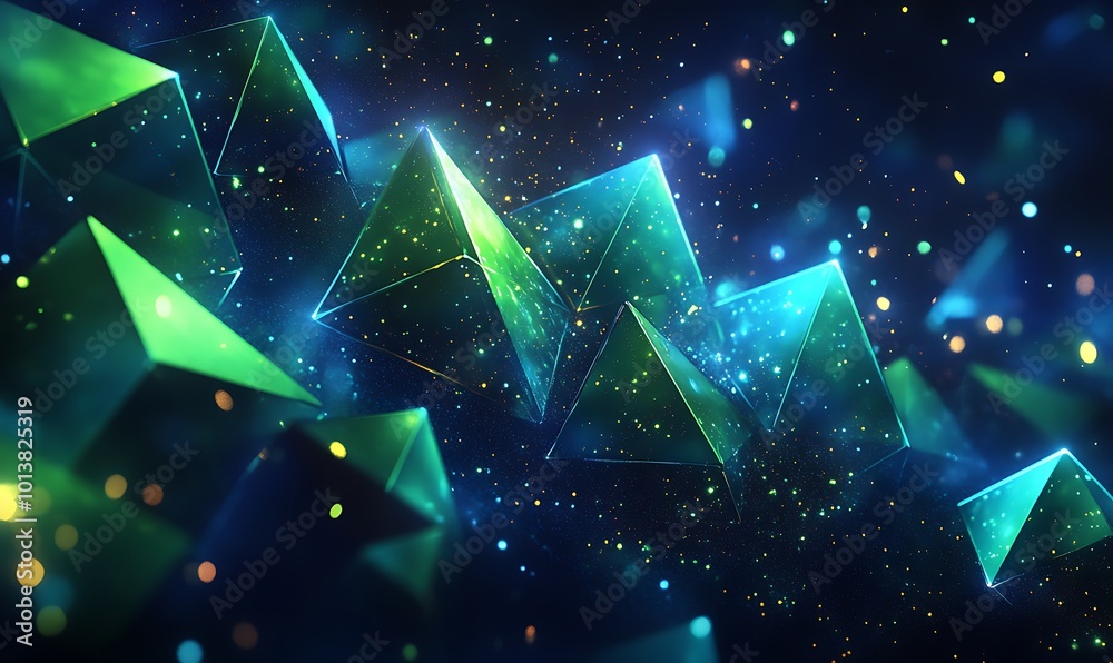 Aufkleber A mesmerizing abstract image featuring luminous green and blue triangular shapes amidst a backdrop of sparkling particles.