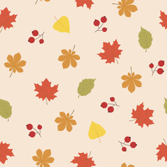 Autumn leaves from different trees and red berries on a beige background. Seamless pattern, flat style. Vegetable background for paper, gift wrap, textile, interior decor.