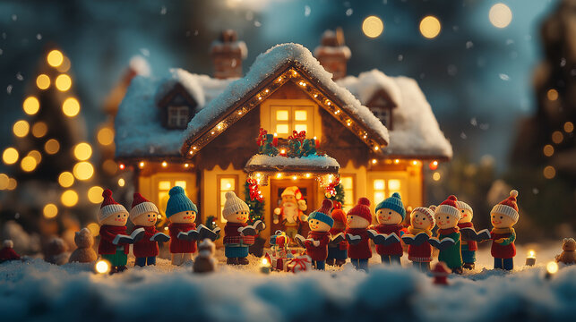 Caroling Choir, a group of people singing Christmas carols in front of a festively decorated house, with copy space, Christmas Day