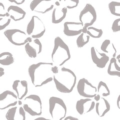 Seamless abstract botanical pattern. Simple background with grey, white texture. Digital brush strokes. Flowers. Design for textile fabrics, wrapping paper, background, wallpaper, cover.
