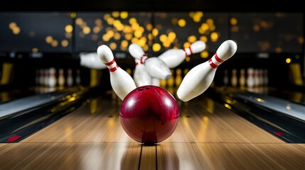 Naklejka premium Bowling Ball Knocking Down Pins in Alley