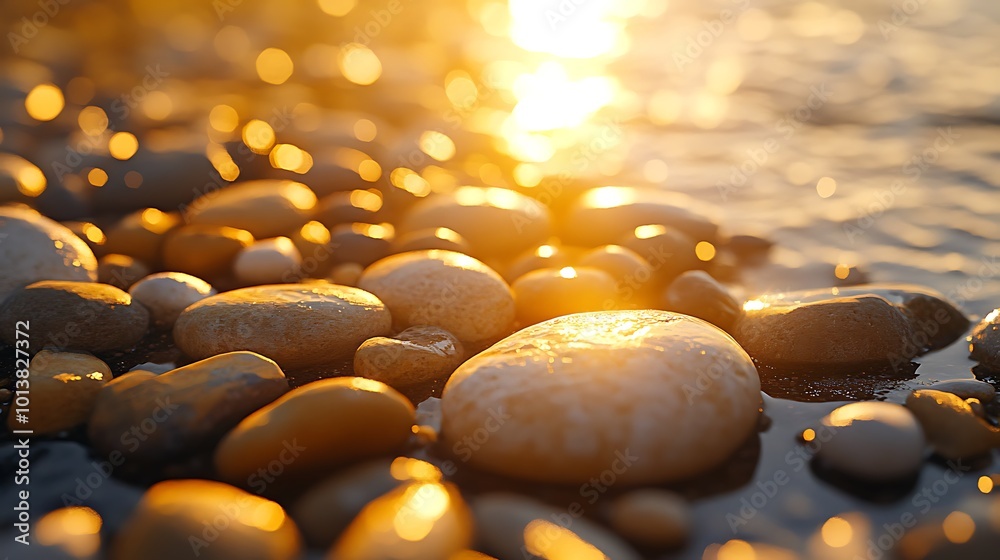 Aufkleber a close-up of smooth pebbles glistening under a warm sunset, resting by the water's edge, creating a