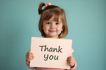 Little girl is holding a piece of paper with the inscription &ldquo;Thank you&rdquo;