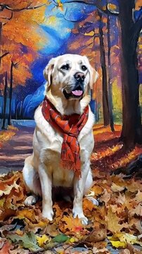 Chien Labrador avec &eacute;charpe assis sur des feuilles d&rsquo;automne devant une peinture color&eacute;e