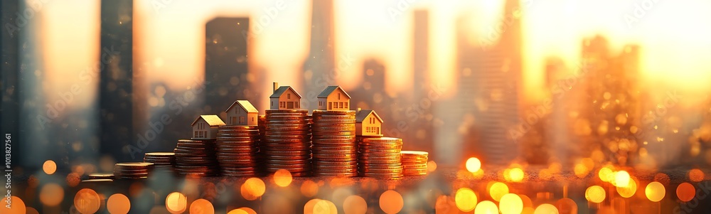 Poster a stack of coins glimmers in the foreground with a blurred city skyline in the background, evoking t