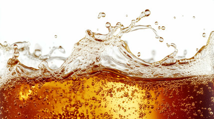 A close-up shot of a carbonated drink as it splashes, with vibrant golden bubbles rising to the surface. The dynamic liquid movement and fizzing bubbles are highlighted against a white background.