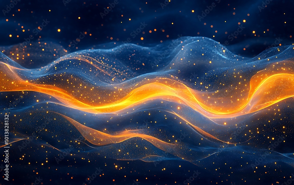 Poster A mesmerizing wave of blue and golden light flows through a starry space, creating a sense of movement and ethereal beauty.