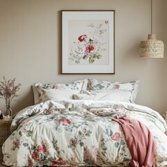 A bedroom featuring floral-themed bedding and art decor, characterized by bright colors and a tranquil atmosphere fostering comfort and relaxation.